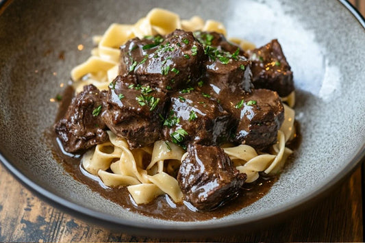 Tender Garlic Herb Beef Tips with Buttery Egg Noodles