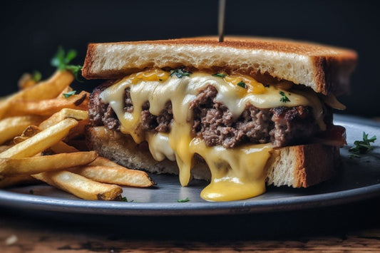 Gourmet patty smelte med karamellisert løk og sveitsisk ost