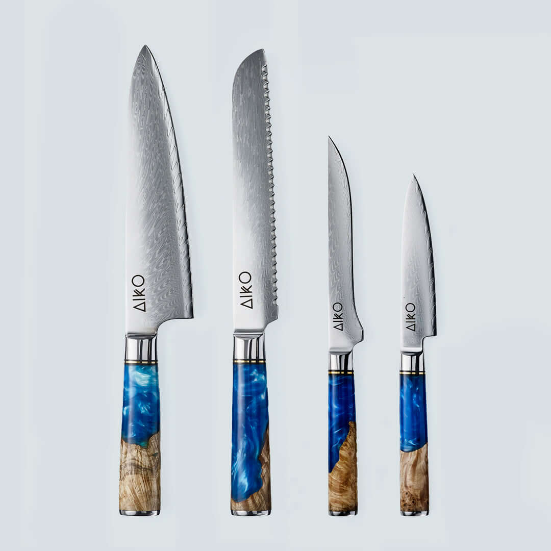 Aiko Blue (あいこ, アイコ) Damaskus stålkniv med farget blå harpikshåndtak