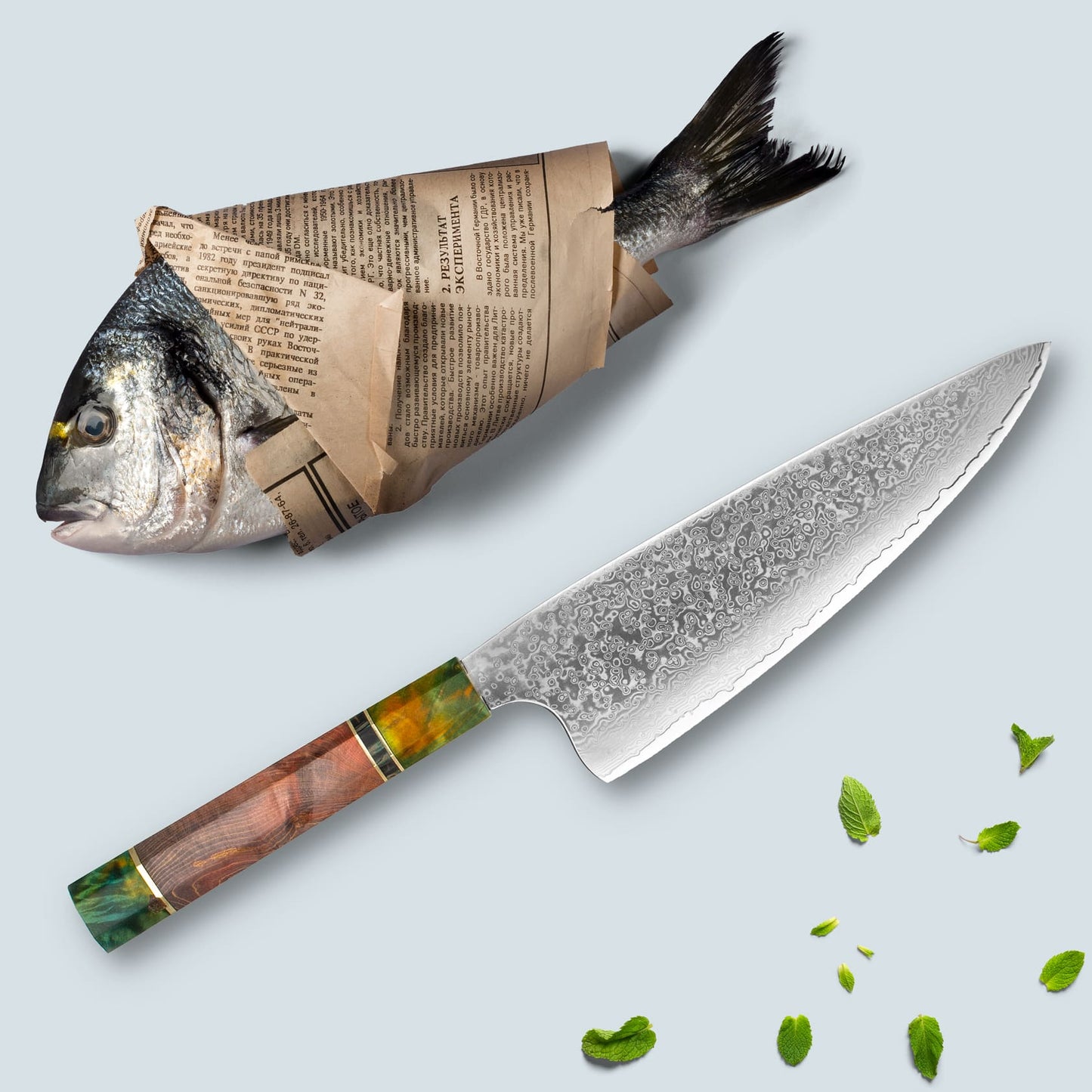 Ichika (いちか) Damaskus stålkniv med farget åttekantet håndtak
