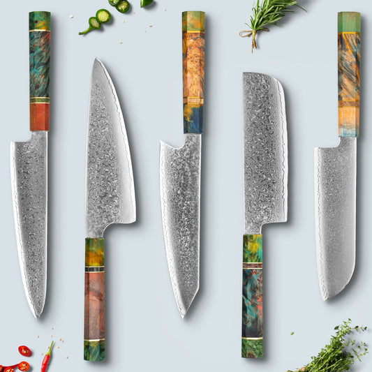 Ichika (いちか) Damaskus stålkniv med farget åttekantet håndtak