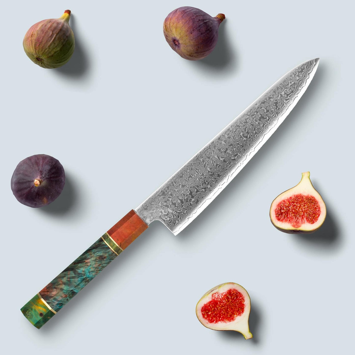 Ichika (いちか) Damaskus stålkniv med farget åttekantet håndtak