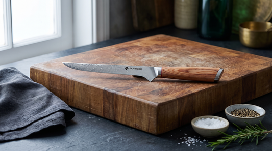 A Japanese Damascus boning knife with a wooden handle on an end-grain butcher's block beside bowls of coarse salt and cracked black pepper