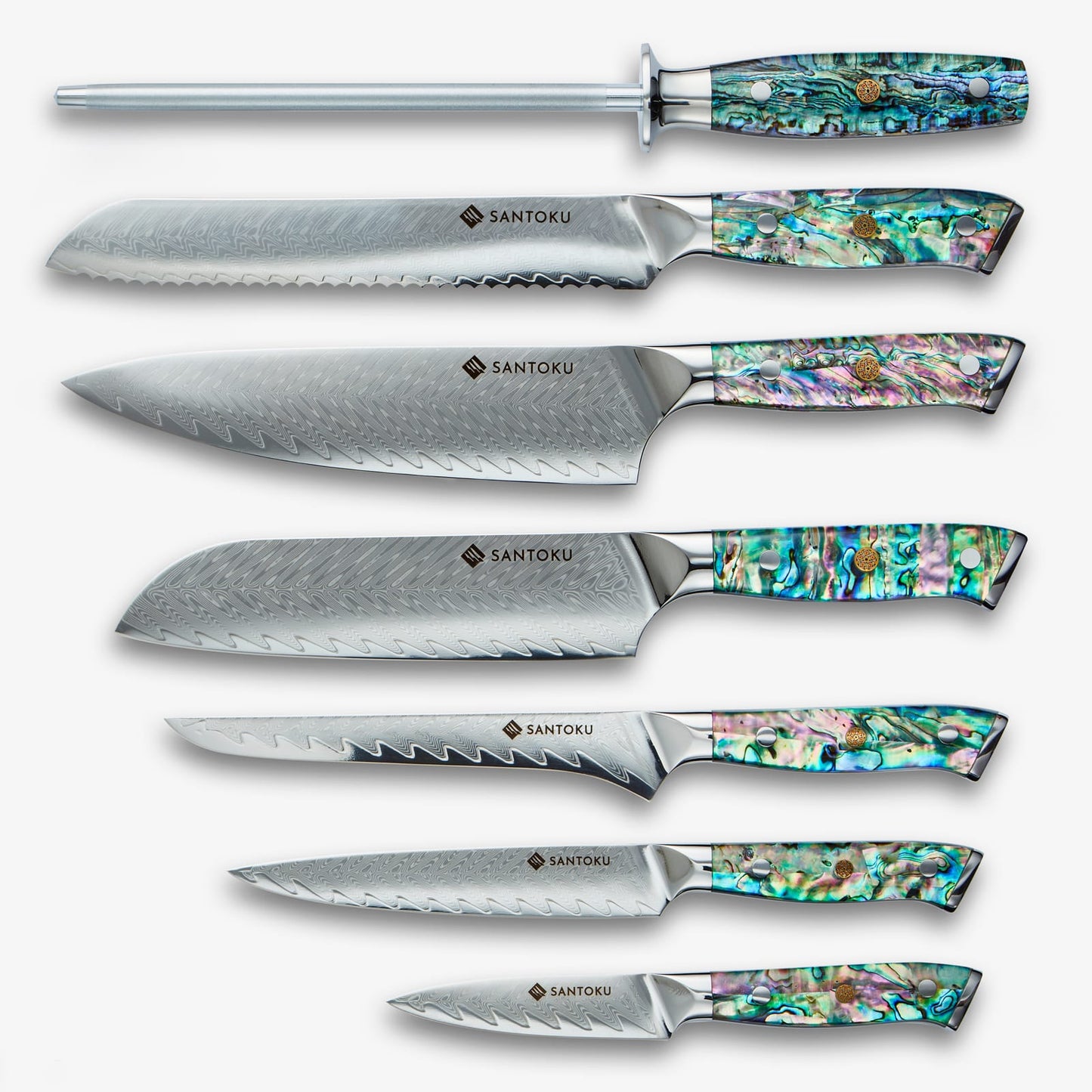 Chikashi (ちかし) Damaskus stålkniv med abalonehåndtak