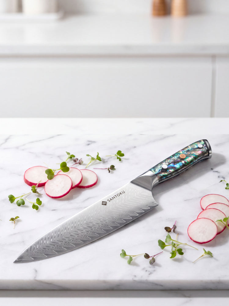 Haruta 8 tommer VG10 Japansk Damaskus stål Gyuto kokkekniv med trehåndtak og slire