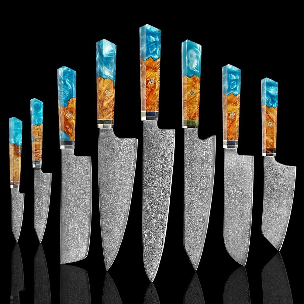Makito Damaskus stålkniver med farget blå harpikshåndtak