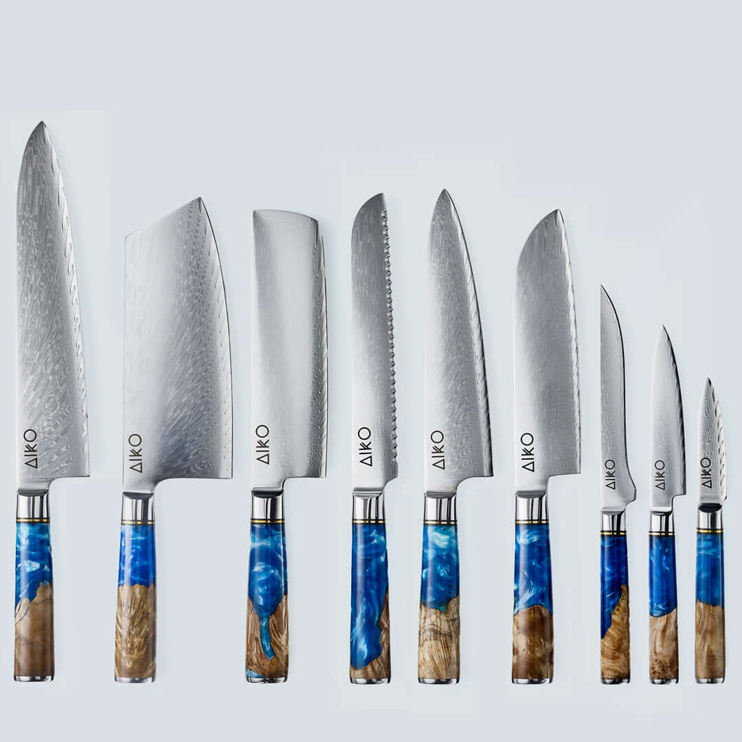 Aiko Blue (あいこ, アイコ) Damaskus stålkniv med farget blå harpikshåndtak