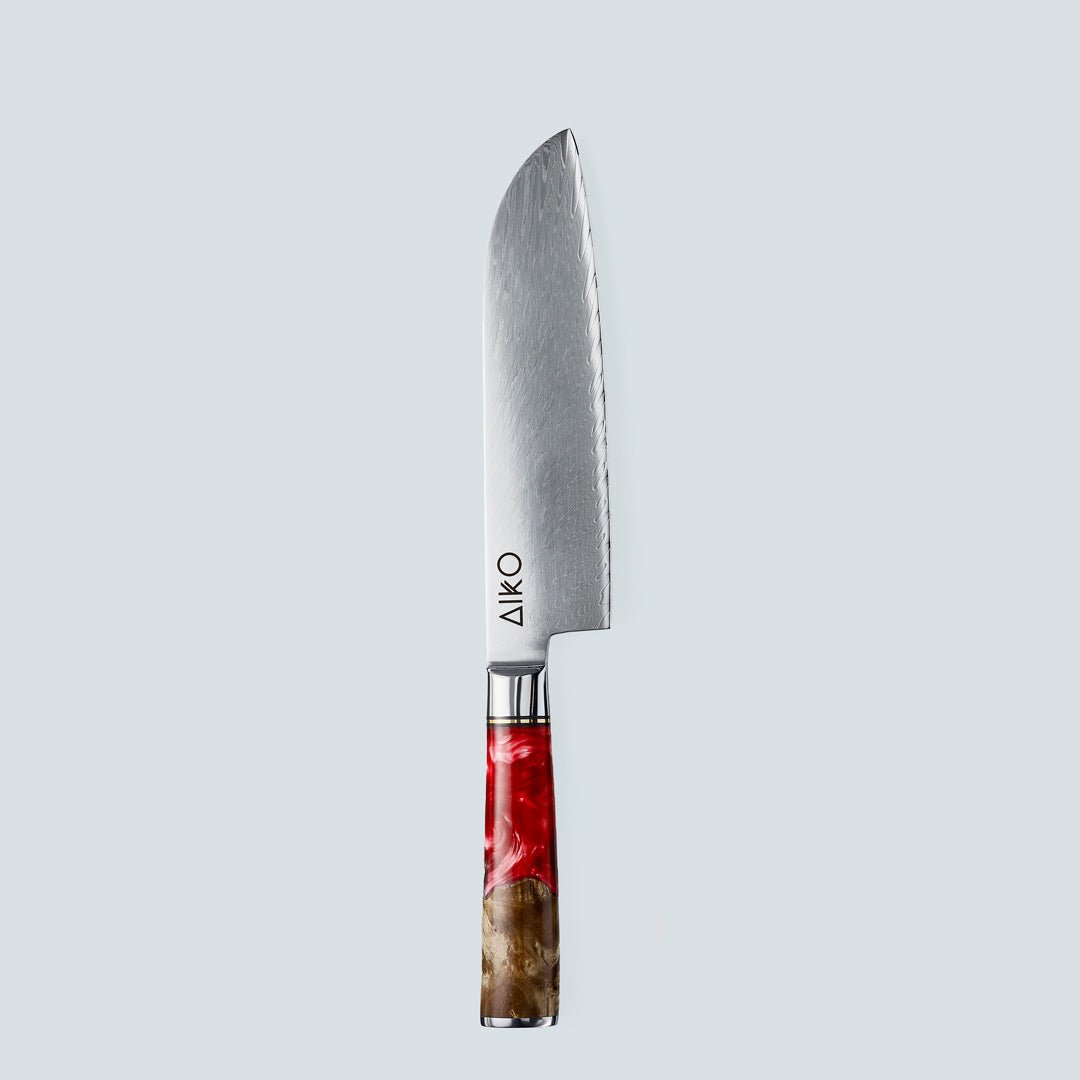 Aiko rød (あいこ, アイコ) Damaskus stålkniv med farget rød harpikshåndtak
