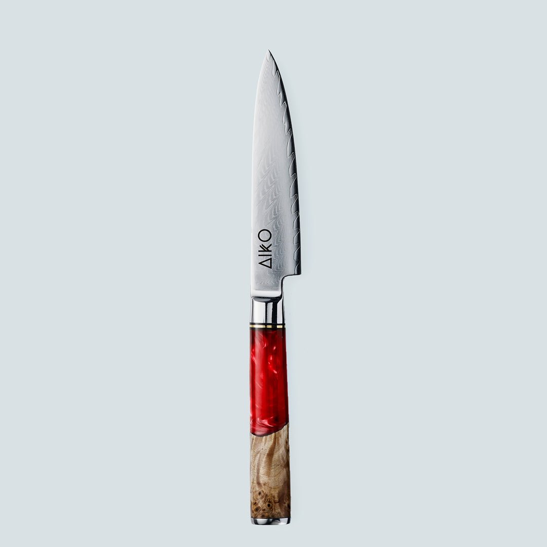 Aiko rød (あいこ, アイコ) Damaskus stålkniv med farget rød harpikshåndtak