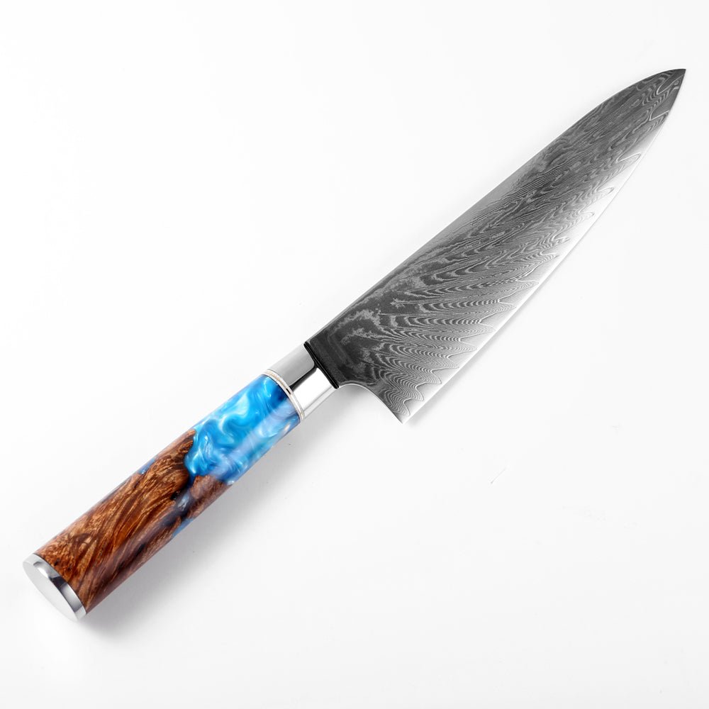 Gyuto (牛刀) Damaskus stålkniv med farget blå harpikshåndtak