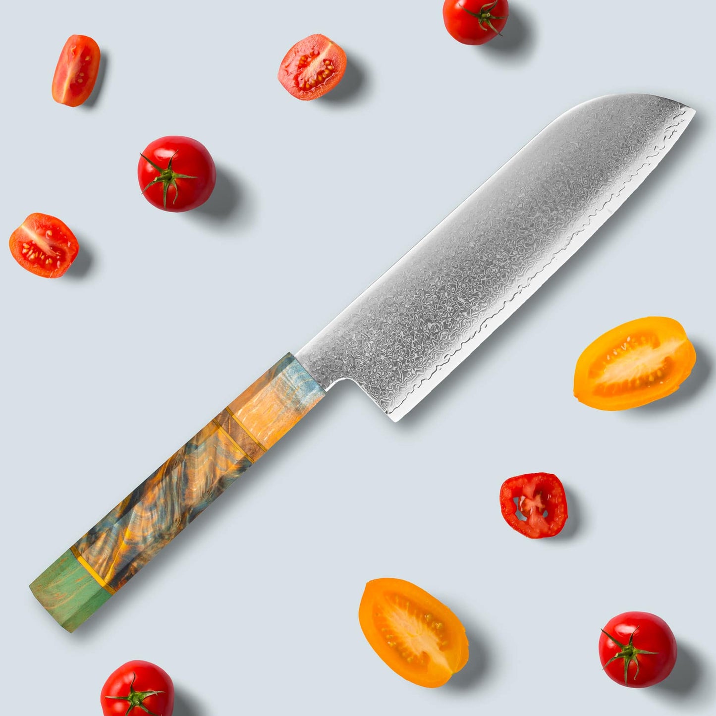 Ichika (いち か) Damaskus stålkniv med farget åttekantet håndtak